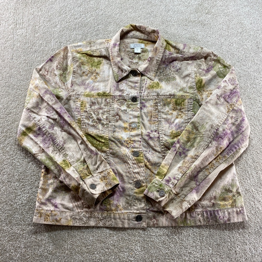 Christopher & Banks Jacket Womens XL Tan Green Floral Paisley Linen Blend Button